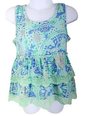 Girl's Justice Floral Mandela Ruffle Tank Top Rhinestone Shirt Size 7 Blue Green